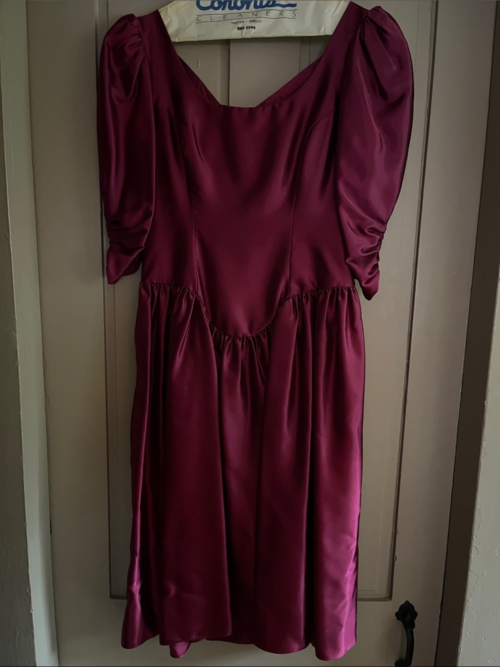 Vintage Burgundy Satin Puff-Sleeve Dress